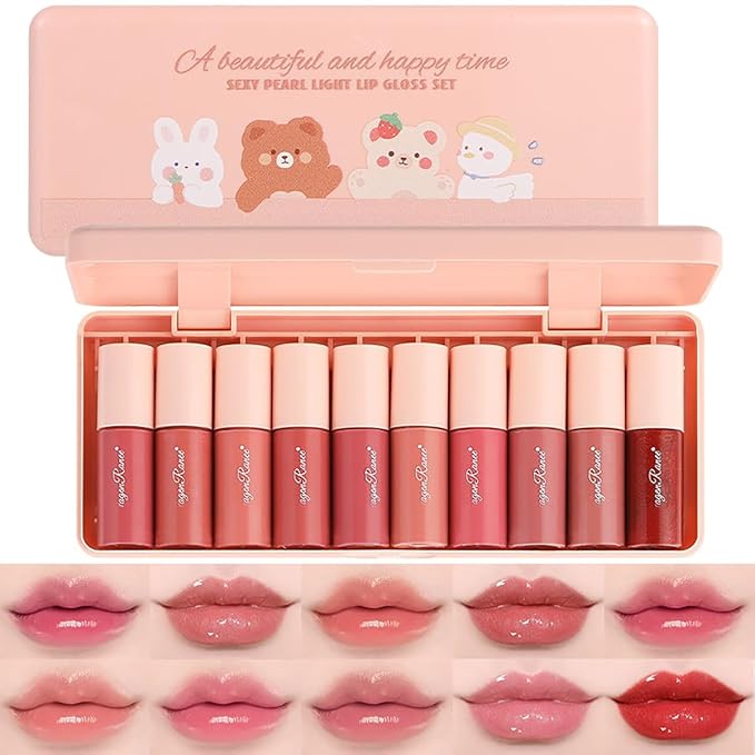10 Colors Lip Tint Stain Set with Natural Fruits Design, Pearly Lustre Finish, Korean Plumping Lip Gloss Watery Lip Stain (Cartoon Box)