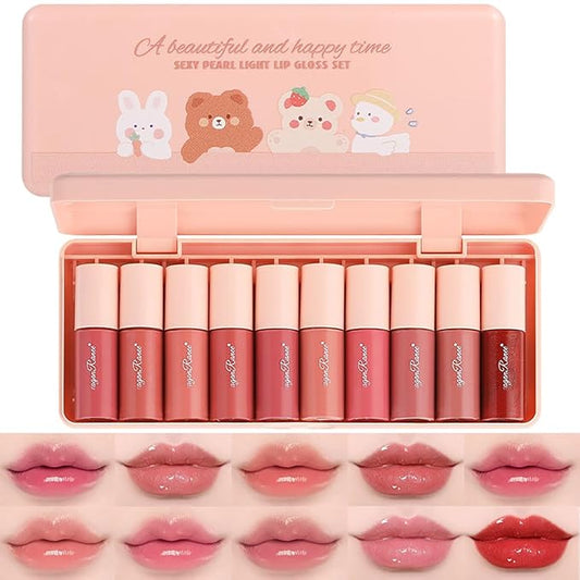10 Colors Lip Tint Stain Set with Natural Fruits Design, Pearly Lustre Finish, Korean Plumping Lip Gloss Watery Lip Stain (Cartoon Box)