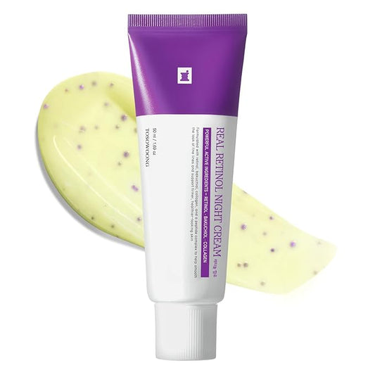 TOSOWOONG Real Retinol 0.1% Night Cream, Anti-Aging Face Moisturizer with Retinol, Bakuchiol, Firmer Skin, Reduce Wrinkles and Pore Minimizer | Korean Skincare for Face & Neck, 50ml / 1.69 fl. oz.