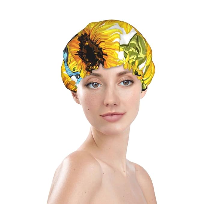 Sunflowers Blue Butterflies Shower Cap for Women,Double Waterproof Layers Bathing Shower Hat Large Designed for all Hair