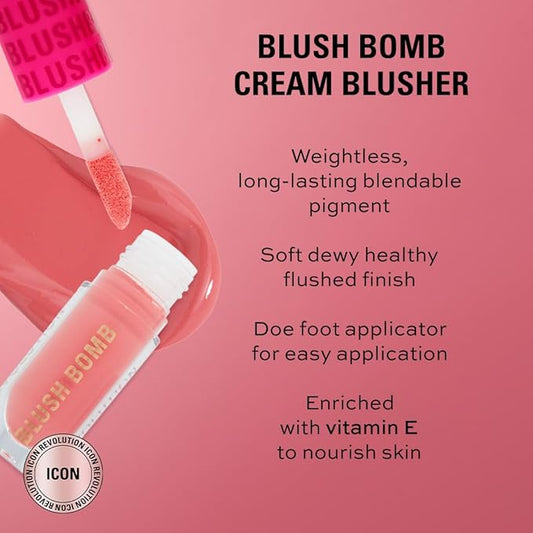 Revolution Beauty, Blush Bomb Cream Blusher, Lightweight Makeup & Creamy Formula for a Dewy Finish, Enriched with Vitamin E, Dolly Rose, 0.15 Fl. Oz.