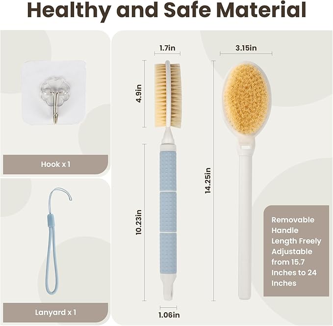 New Upgrade Back Scrubber for Shower, Adjustable 15.7'' to 24'' Long Handle Shower Brush for Body Yintuzi Double Sided Back Shower Scrubber Exfoliation and Massage Suitable for Wet or Dry Brushing