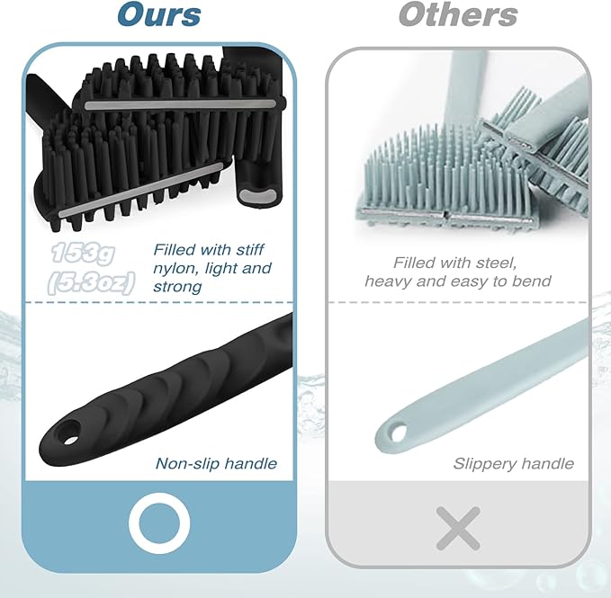 Manmihealth Silicone Back Scrubber for Shower(Thick Bristles), Body Scrubber with 15'' Long Handle, Light & Easy-to-Hold Shower Brush for Skin Exfoliating and Massaging, Not Good in Lathering.(Black)