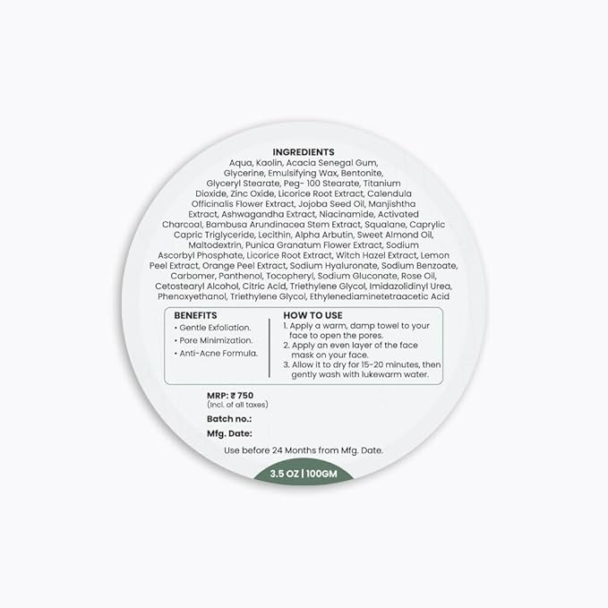 Wild Oak De Tan & Anti Acne Clay Mask | With 7x Power of Niacinamide, Bamboo Charcoal, Ashwagandha, Calendula, Manjistha & Licorice | Glow and Oil Control | Blackheads | Face Pack | 3.52 Oz