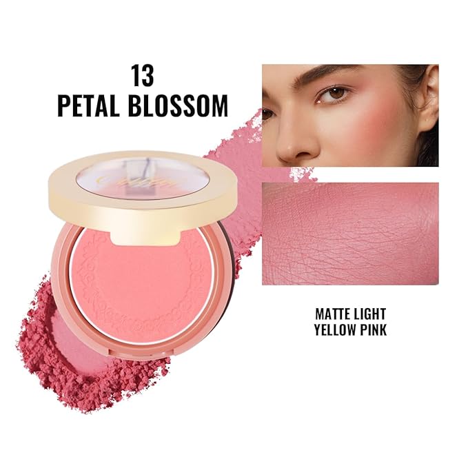 Oulac Yellow Pink Blushers for Cheeks Fair Skin Vegan,Mineral Powder Blush,Rich Colors, Buildable Blusher, Easy to Blend,Vegan,4,8g 13 Petal Blossom