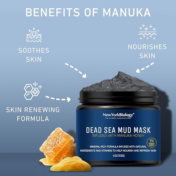 New York Biology Dead Sea Mud Mask for Face and Body | with Manuka Honey | Spa Quality Pore Refiner for Oily Skin | Natural Skincare for Women & Men | Tighten Skin for A Healthier Complexion | 4 oz