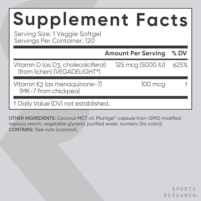 Sports Researchยฎ Vitamin D3 + K2 with Coconut MCT Oil | Vegan D3 5000 IU with K2 100 mcg for Bone & Immune Health | Vegan Certified, Soy & Gluten Free - 120 Softgels