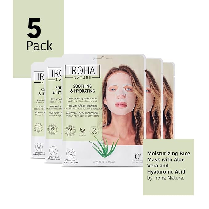 IROHA NATURE Comforting & Hydrating Tissue Face Mask with Aloe Vera | 5 Pack | Aftersun Effect | 96% Natural Ingredients