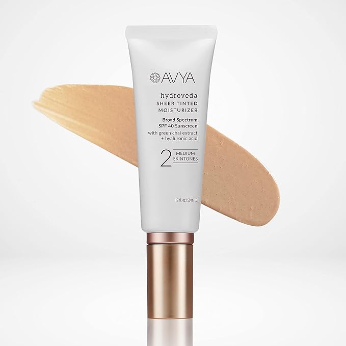 AVYA SPF 40 Sheer Tinted Moisturizer with Hyaluronic Acid & Green Chai β Advanced Ayurvedic Skincare Treatment for Balanced and Brighter Skin/Medium Skintones Shade #2 (1.7oz/50ml)