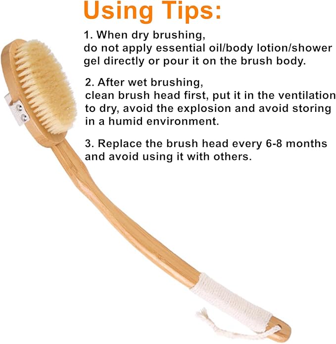 Body Brush Back Scrubber,18.7 inch Long Handle Detachable Body Brush with Dual Brushing Heads for Dry Brushing Shower, Bamboo Medium Firm Bristle Brush for Body Cellulite and Lymphatic (Beige)