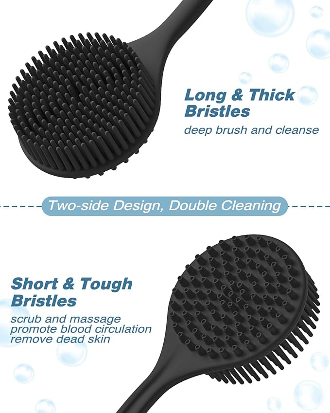Manmihealth Silicone Back Scrubber for Shower(Thick Bristles), Body Scrubber with 15'' Long Handle, Light & Easy-to-Hold Shower Brush for Skin Exfoliating and Massaging, Not Good in Lathering.(Black)