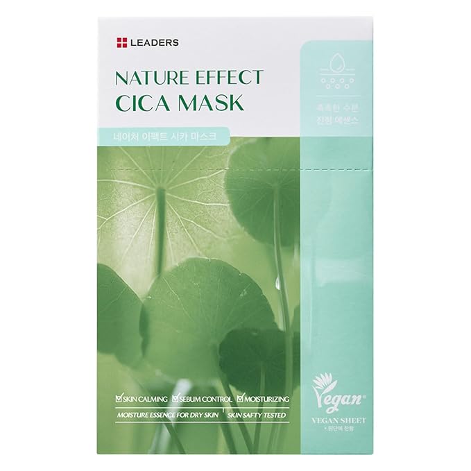 LEADERS Nature Effect Cica Mask β Hydrating & Soothing Face Mask with Cica & Tea Tree Extracts for Healthy Skin, Skin Calming & Moisturizing, Vegan & Plant-Derived, Sebum Control - 10 Sheets