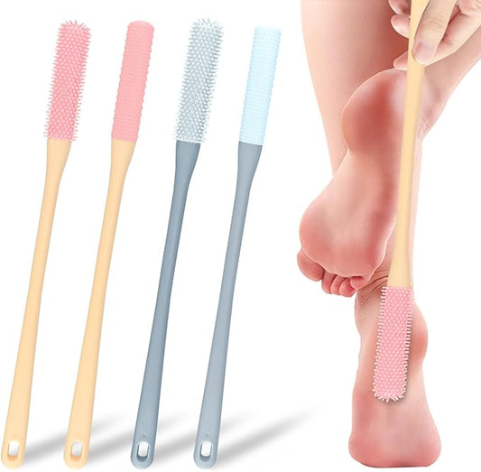 Huakaile 4 Pack Toe Cleaning Brush Set, Silicone Foot Scrubber in Shower with Long Handle, Feet Cleaner for Gap Lotion Women Men Elderly Massage Exfoliating (Gray, Pink, 4 Pack)
