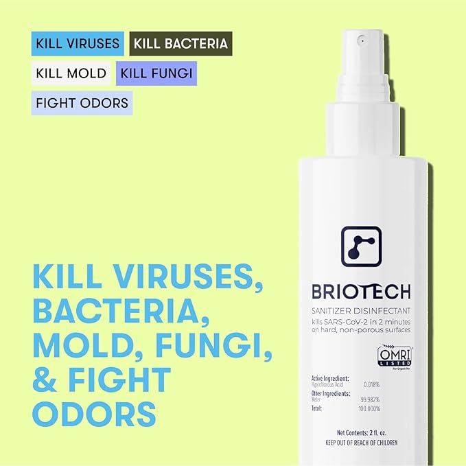 BRIOTECH Sanitizer Disinfectant Hypochlorous, Kill 99.99% of Viruses & Bacteria, Control Mold, Eliminate Odor, Gentle for Nursery & Play Rooms, Food Contact Surface Sanitizer, 1 Gallon Refill (4 Pack)