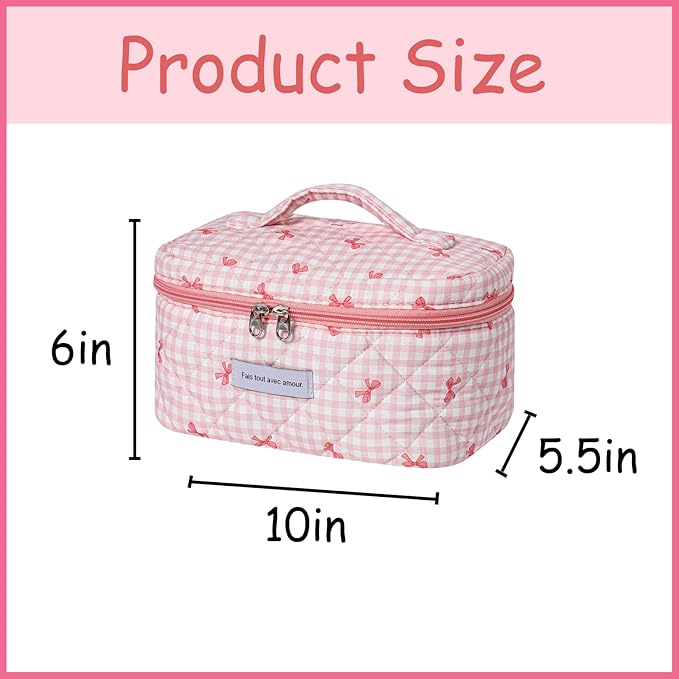 uekeboag Large Travel Quilted Makeup Bag for Women, Floral Cotton Cosmetic Bag, Coquette Aesthetic Floral Toiletry Organizer Bag