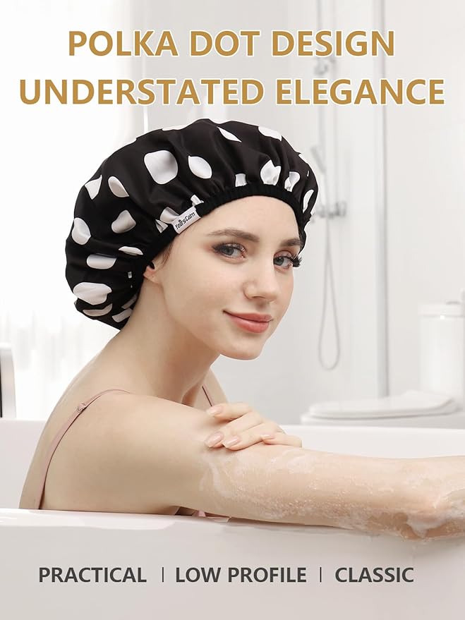 Years Calm Shower Caps For Women Reusable Waterproof,Pattern And Solid Color Dual-Layer Design For Dual-Layer Usable,Protects Hair In Shower, Spa, Cooking, Clean & Travel (Black, One Size)