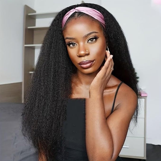Headband Wigs Human Hair 180% Density 12A Kinky Straight Human Hair Headband Wigs For Black Women Yaki Straight Human Hair Wigs With Headband Attached Half Wig Natural Black Color 26 Inch
