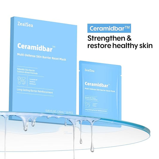 ZealSea Ceramidbar Face Masks Skincare Set, Derm Solution Sheet Mask for Multi-Trigger Sensitivity, Soothing & Calming, Strengthen & Restore Skin, Facial Mask with Cica & Ceramide, 10 Pack