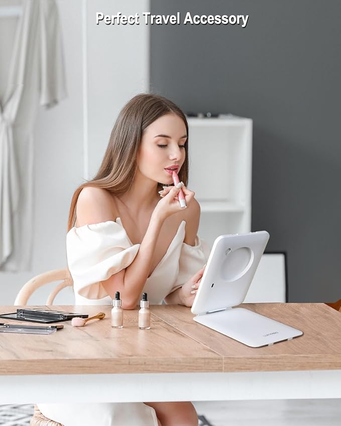 Rechargeable Travel Makeup Mirror with Lights, Portable Lighted Vanity 10X Magnification, 70 LEDs 3 Color Dimmable Touch Screen, Tabletop Folding Compact Cosmetic