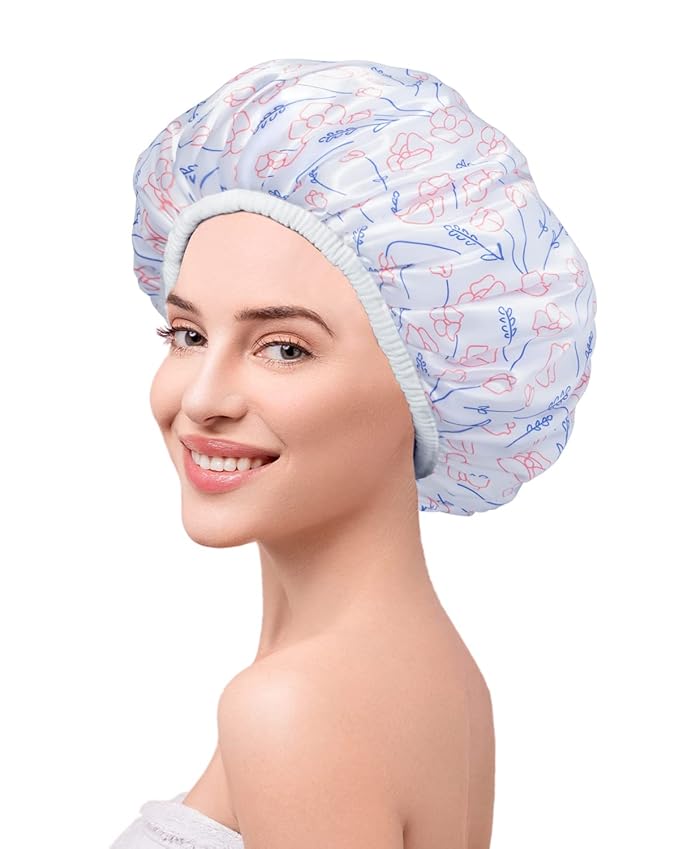 Shower Cap, Triple Layer Large Shower Cap for Women, Terry Cloth Lined Reusable Shower Caps for Long Thick Hair(Line Flower)