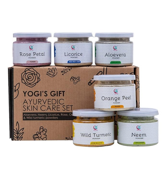 YOGIβS GIFT β Celebrating health Ayurvedic Skin Care Sampler | Six Powders in One Pack | Aloe vera, Rose petal, Wild Turmeric, Licorice, Neem & Orange Peel Powders 1oz Each | Soap Making Ingredient