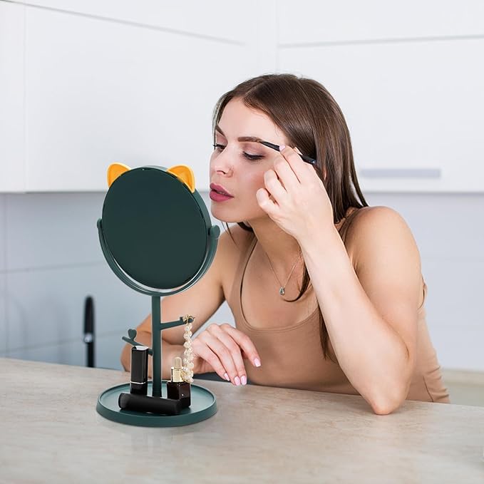 4 Pack Cute Desk Mirrors, Rotatable Makeup Mirror in Cat Ears, 6 Inch Vanity Mirror with Storage Tray, High Definition Cosmetic Mirrors, Tabletop Dresser Mirror with Stand for Bedroom Spa Party