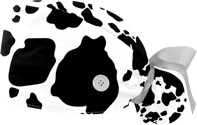 2 PCS Bouffant Cap with Button Ponytail Pouch Working Cap Sweatband Adjustable Surgical Cap Black and White Cow