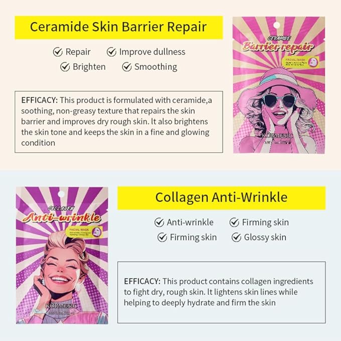 12 Combo Pack Face Mask (Collagen, Hyaluronic Acid, Niacinamide, Oligopeptide, Resveratrol, Ceramide) Hydrating & Moisturizing Facial Sheet Mask For Women Skincare