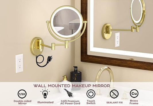 8 Inch Brass Wall Makeup Mirror Swing Arm, 5X Magnifying Mirror Wall Mounted, 2 Sided Bathroom Lighted Vanity Mirror, Powered by Plug in, Brushed Gold