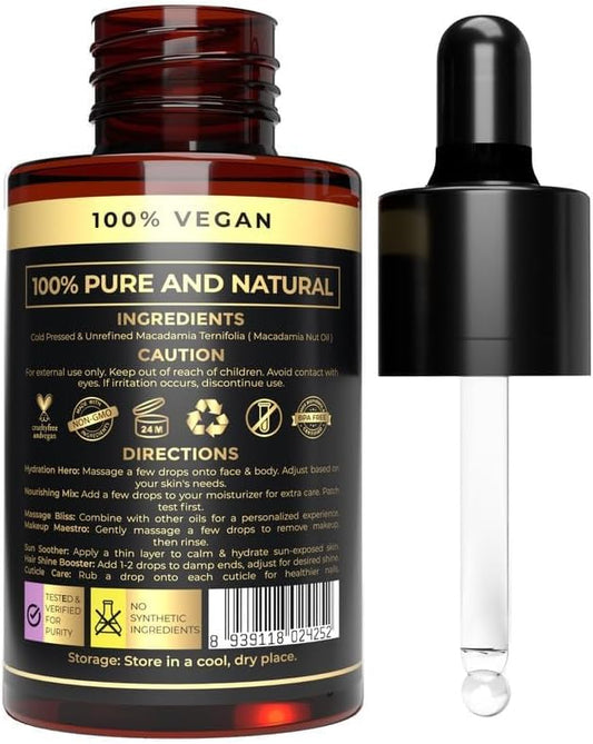 100% Plant Based Macadamia Hair Oil with Dropper | Perfect Macadamia Oil for Soft Skin, Strong Hair, Scalp Massage, Face Moisturizer & Body Massage | Sulfate & Paraben Free