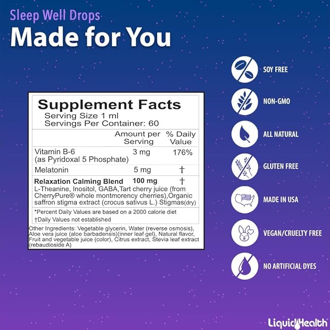LIQUIDHEALTH Sleep Well Liquid Melatonin, L-Theanine Supplement Natural Sleep Aid, Fall Asleep Faster, Stay Asleep Longer - USA Made, Vegan, Sugar Free, Drug Free, Non-GMO Sleep Spray Drops (2 Pack)