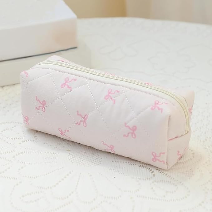 3 Pcs Quilted Makeup Bag Set,Coquette Bow Make up Bag,Cute Floral Makeup Bags Large Travel Toiletry Cosmetic Bag Organizer for Women Girls (I-3PCS)