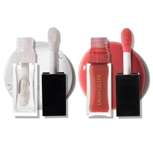LAURA GELLER NEW YORK Fine Shine Glossy Lip Oil Duo, Rose Garden + Glass Half Full - Clear Pink Lip Gloss with Hydrating Squalane