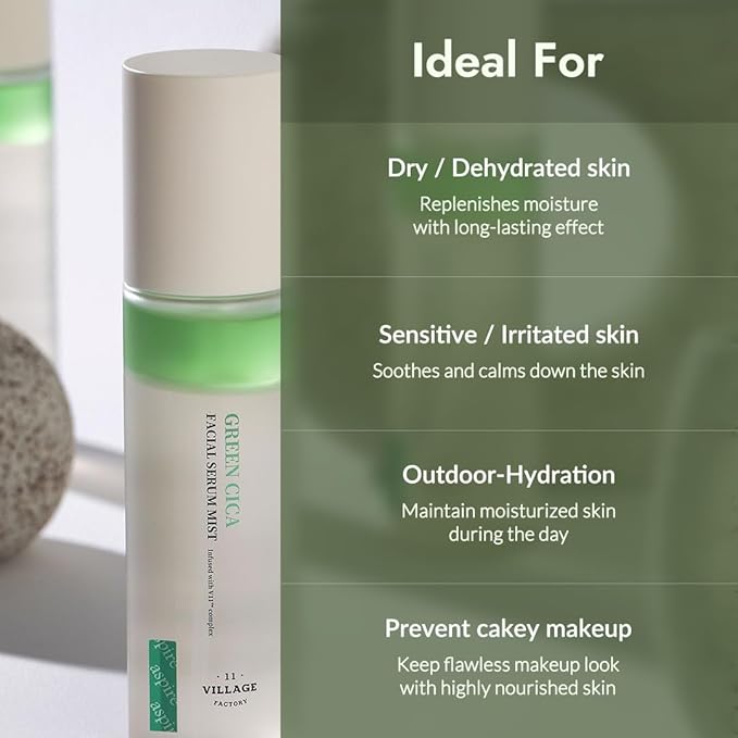 Fresh Dewy Green Cica Facial Serum Mist Korean Face Spray for Deep Hydration Skincare on the Go 3.38 oz