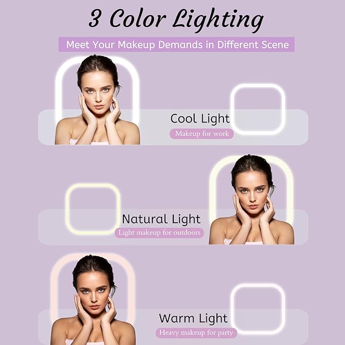 Compact LED Travel Makeup Mirror, Rechargeable Double Sided 1X/10X Magnifying Mirror, 3 Color Lighting, Dimmable Touch Screen, Foldable Lighting Mirror with USB Data Cable White