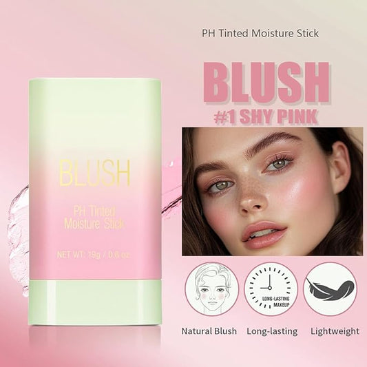 PH Tinted Moisture Stick,Multi-Use Cream Color Changing Blush, 3-in-1 Blush Stick for Cheek/Eyes/Lips, Waterproof Hydrating Tinted Solid Makeup Products (1# Shy Pink)