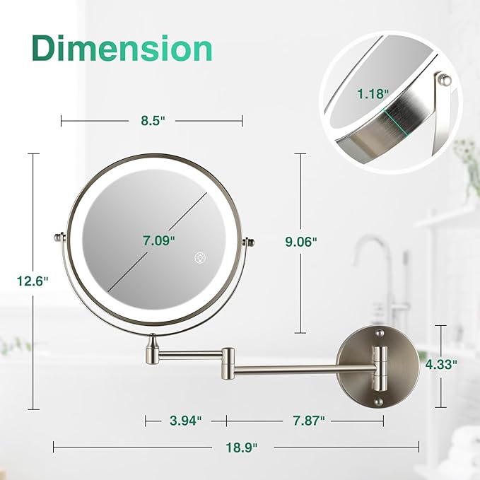 8.5 Inch Rechargeable Wall Mounted Makeup Mirror Brushed Nickel, Double Side Dual-Touch 1X/10X Magnifying Mirror with Light, 3 Color Lights 360°Swivel Extendable Bathroom Mirror