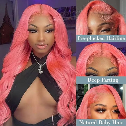 Pink Lace Front Wig Human Hair 13x4 HD Lace Pink Body Wave Wig Human Hair Pre Plucked Colored Body Wave Wig Human Hair For Women 150% Density Strawberry Body Wave Lace Front Wig 28 Inch