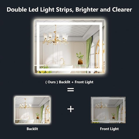 40x30 Inch LED Bathroom Mirror with Lights Front and Backlit Lighted Vanity Mirror for Bathroom Wall with 3 Colors Dimmable Anti-Fog Memory Shatter-Proof IP54 Waterproof Horizontal/Vertical