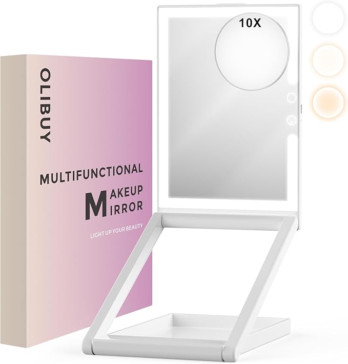 OLIBUY Makeup Mirror with Lights, 7.5" L x 5.7" W Portable Travel Mirror with 10X Magnifying Mirror, 3 Color Lighting Rechargeable Lighted Folding Mirror, Base Storage, Adjustable Height
