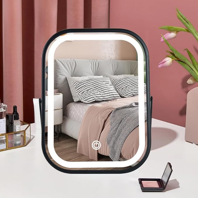 Black Travel Mirror with Lights, Small LED Makeup Mirror with Lights,Portable Desk Mirror 1200mAh Battery,3 Color Modes,Dimmable Touch Screen, Tabletop Folding Compact Mirror,Women Gift