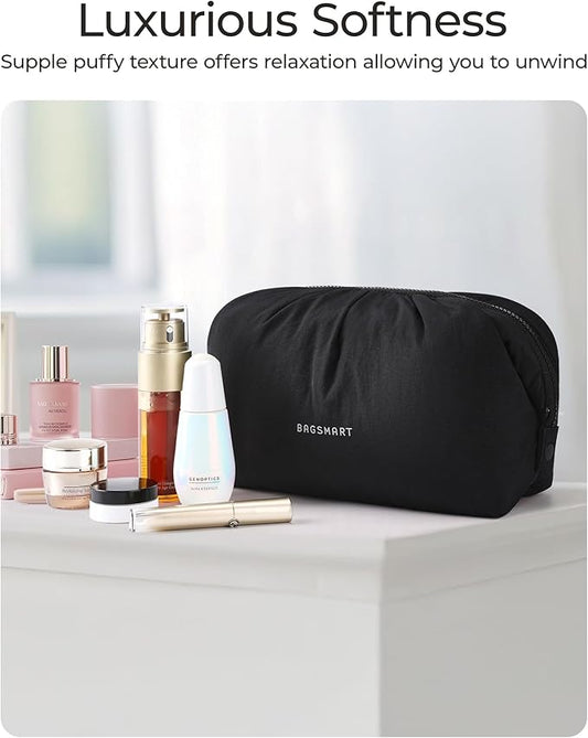 BAGSMART Makeup Bag Travel Makeup Bag, Cute Make Up Bag, Large Capacity Cosmetic Bags for Women, Wide-open Makeup Pouch Travel Essentials Toiletries Accessories Brushes (Black)