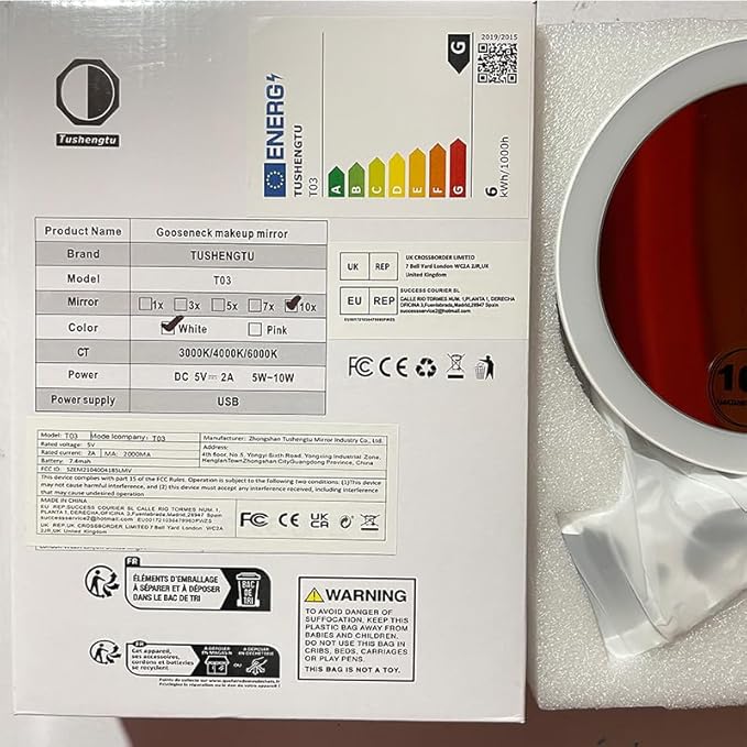 6.5" Clip On Gooseneck Makeup Vanity Mirror With Light, 2000mAh USB Lighted Travel Mirror, White 1X