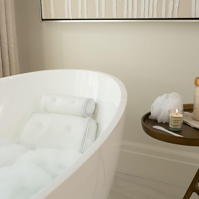 SunSerenity Luxury Bath Pillow for Tub - Relaxing Bath Tub Accessory β Bath Tub Pillow for Head and Back, Unscented Candle, Sponge Loofah, Laundry Bag, & Suction Tool (White on White)