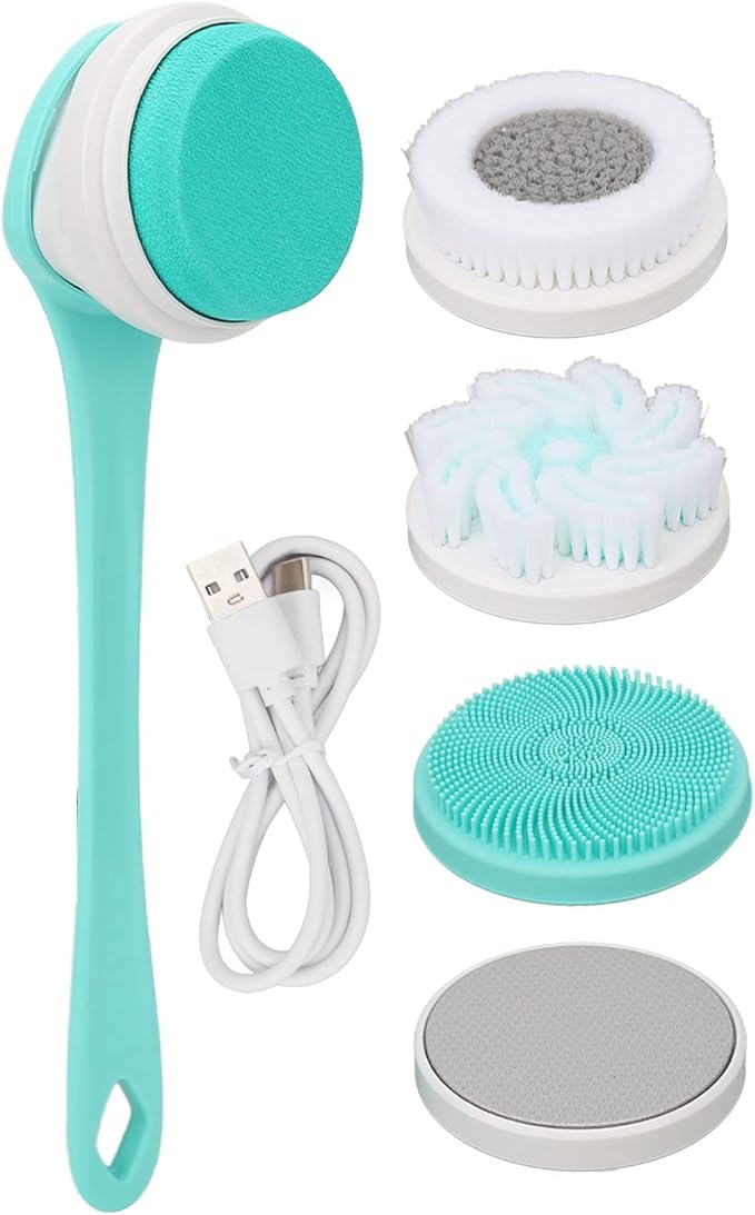 ZJchao IP67 Multifunctional Electric Shower Brush Electric Shower, Electric Body Brush for Exfoliating and Massage Brush Electric Dual Use Detachable Handle 3 Gear 5 Brush Head