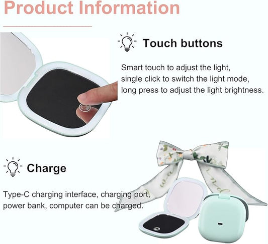 Makeup Mirror with Lights - Dual-Sided Green LED Pocket Mirror, 1X/5X Magnifying Travel Mirror, 3 Light Modes, Rechargeable Handheld Mirror for On-The-Go Makeup, Grooming, and Gifts