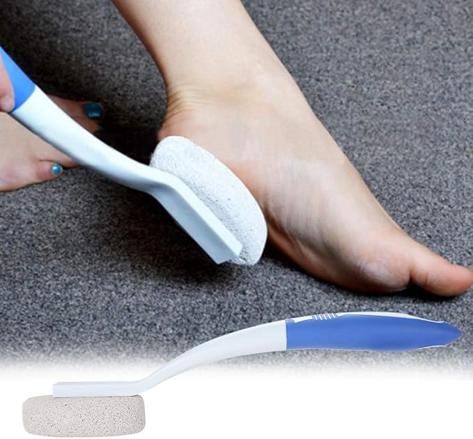 Foot Brush Long Handle Shower Bath Brush, Silicone Stone Foot Brush Removal Brush with Scrubbing Pumice Stone, 13.8inch Long Handle Foot Cleaning Massaging Brush