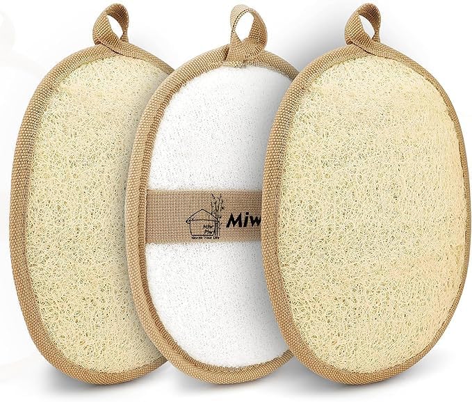 Natural Loofah Exfoliating Body Scrubber (Pack 3), Loofah Bath Sponge, Luffa for Women and Men, 100% Biodegradable Compostable, Dye Free, Zero Waste Eco Friendly Sustainable (4" x 5.5" Each)
