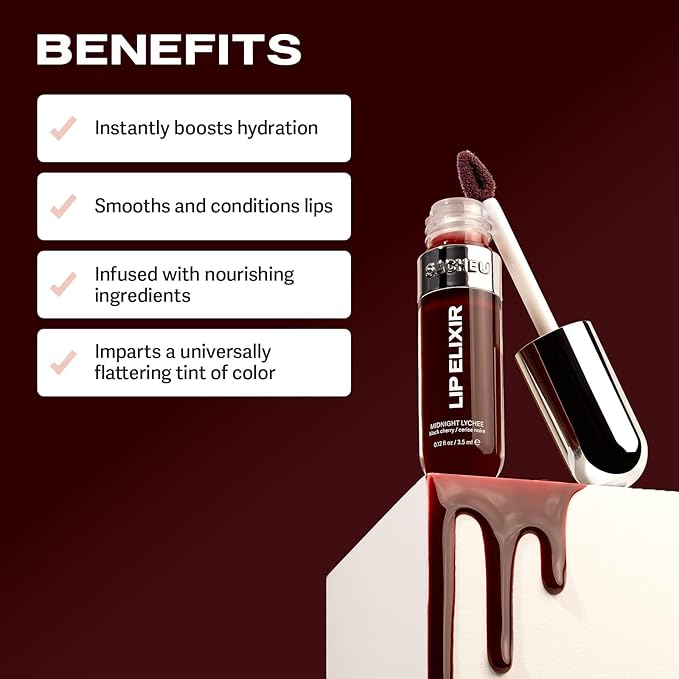 Sacheu Lip Elixir Nourishing and Hydrating Lipgloss — Moisturizing Plumping Lip Gloss Enriched with Collagen, Non-Sticky Lip Color Smooth High-Shine Finish, Vegan & Cruelty-Free, Midnight Lychee