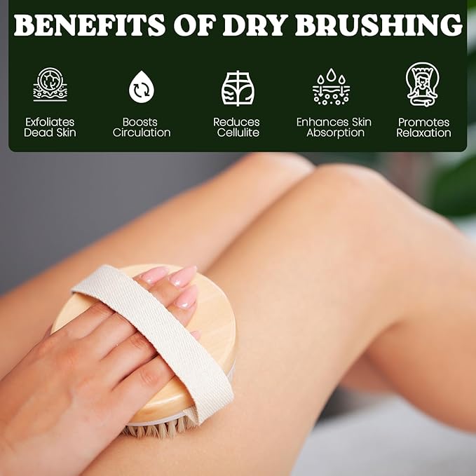 Large Dry Brushing Body Brush - Natural Boar Bristle Brush for Lymphatic Drainage, Cellulite, Blood Circulation - Eco-Friendly Skin Massage Nodes for Detox, Flawless Skin, Exfoliating Body Scrubber